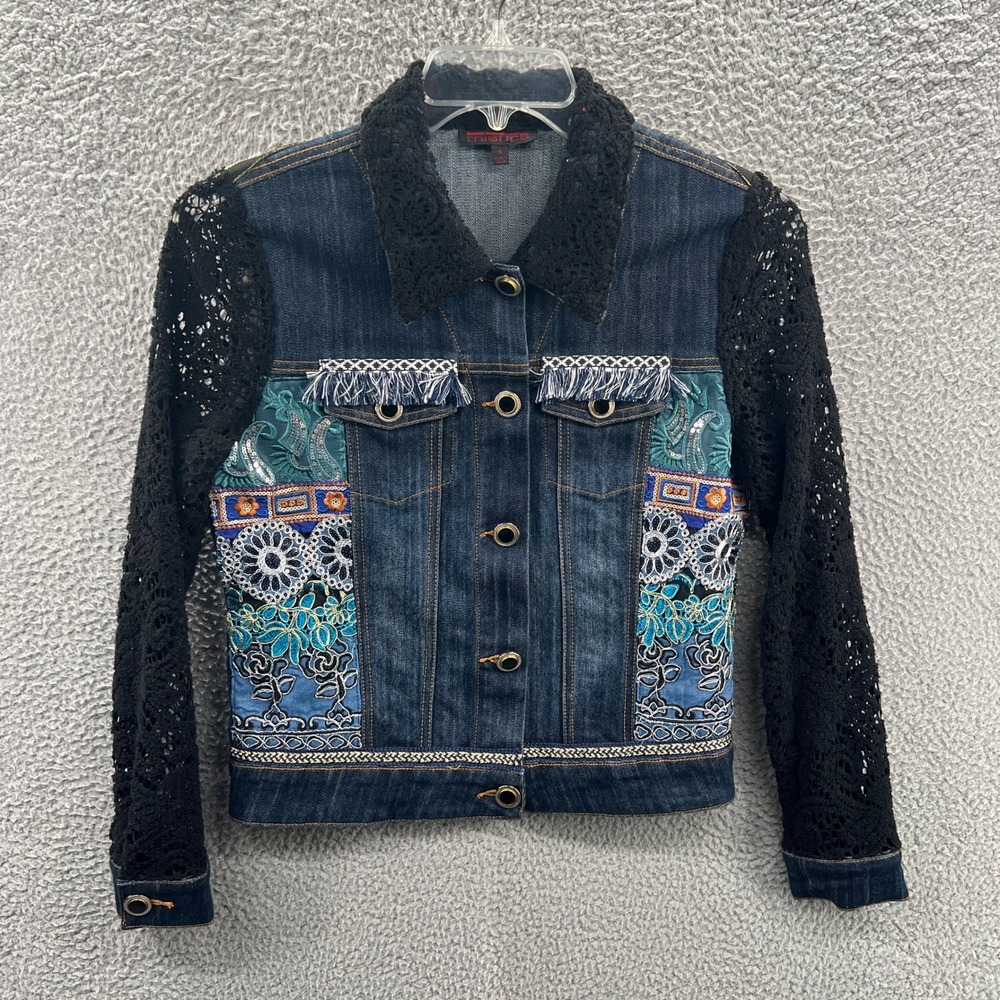 Womens‎ Western Denim Jacket Small Boho Patchwork Lace Sleeve Embroidered Artsy